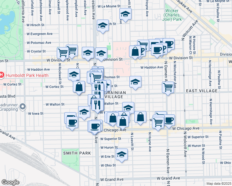 map of restaurants, bars, coffee shops, grocery stores, and more near 1001 North Oakley Boulevard in Chicago