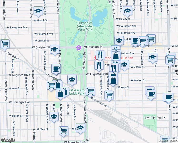 map of restaurants, bars, coffee shops, grocery stores, and more near in Chicago