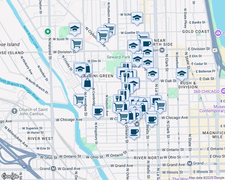 map of restaurants, bars, coffee shops, grocery stores, and more near 950 North Sedgwick Street in Chicago