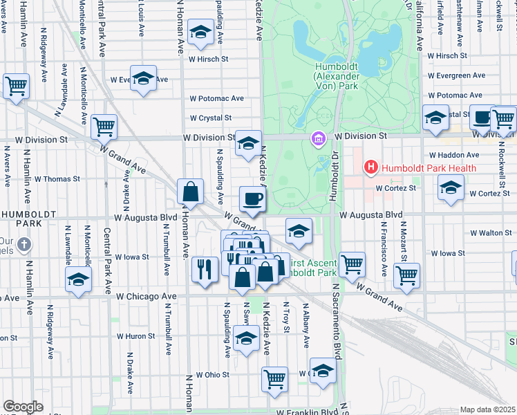 map of restaurants, bars, coffee shops, grocery stores, and more near 1000 North Kedzie Avenue in Chicago