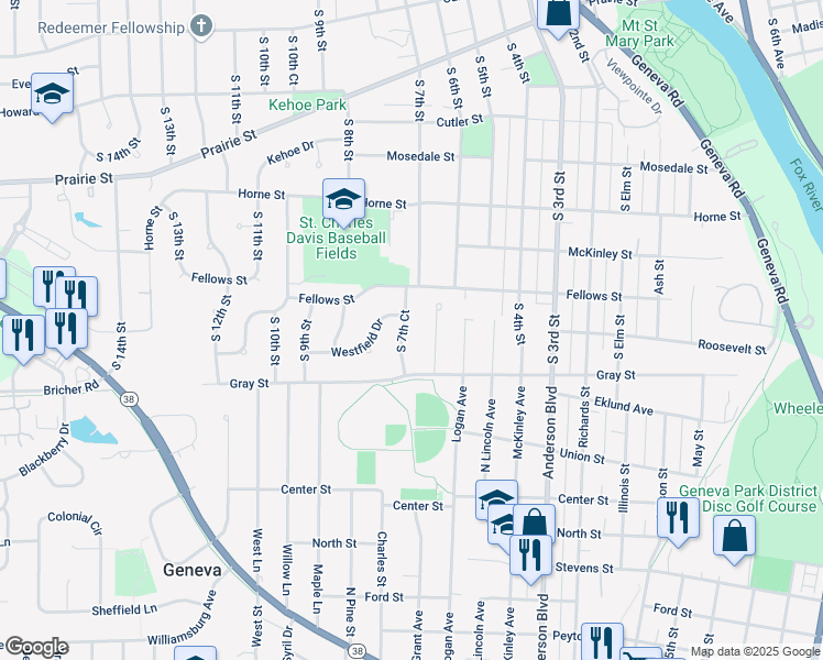 map of restaurants, bars, coffee shops, grocery stores, and more near 1414 South 7th Court in St. Charles