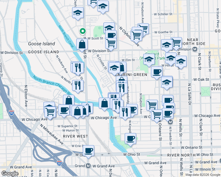 map of restaurants, bars, coffee shops, grocery stores, and more near 647 West Oak Street in Chicago