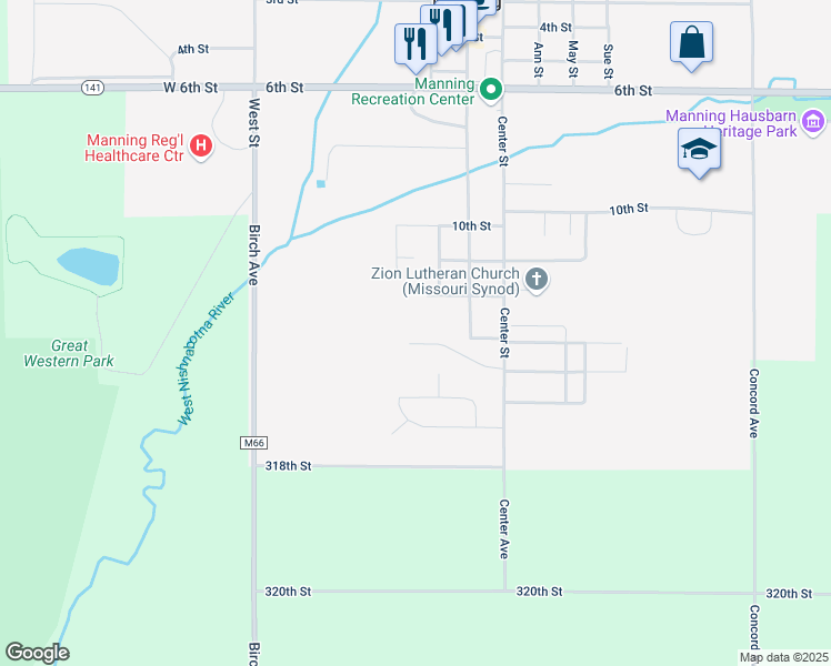 map of restaurants, bars, coffee shops, grocery stores, and more near 1000 Pleasant Drive in Manning