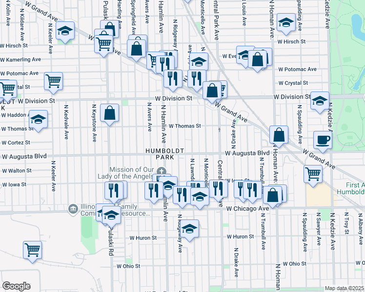 map of restaurants, bars, coffee shops, grocery stores, and more near 1015 North Ridgeway Avenue in Chicago