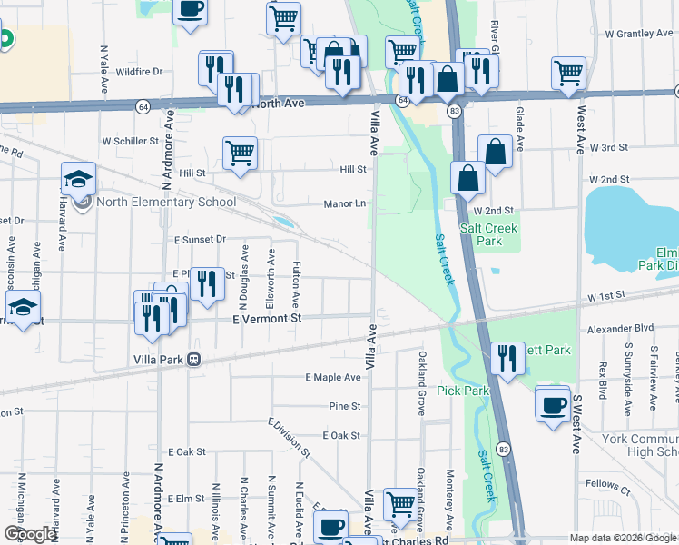 map of restaurants, bars, coffee shops, grocery stores, and more near 312 East Plymouth Street in Villa Park