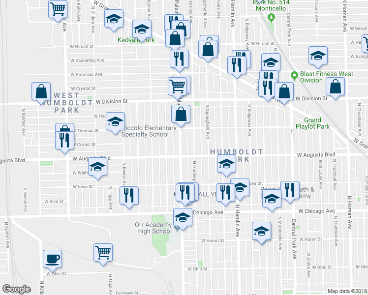 map of restaurants, bars, coffee shops, grocery stores, and more near 1015 North Pulaski Road in Chicago