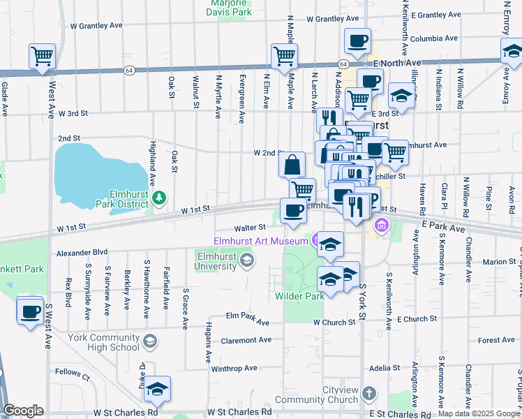 map of restaurants, bars, coffee shops, grocery stores, and more near 111 West Park Avenue in Elmhurst