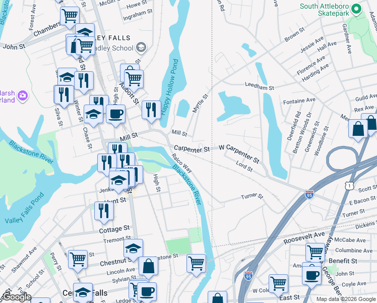 map of restaurants, bars, coffee shops, grocery stores, and more near 27 West Carpenter Street in Cumberland
