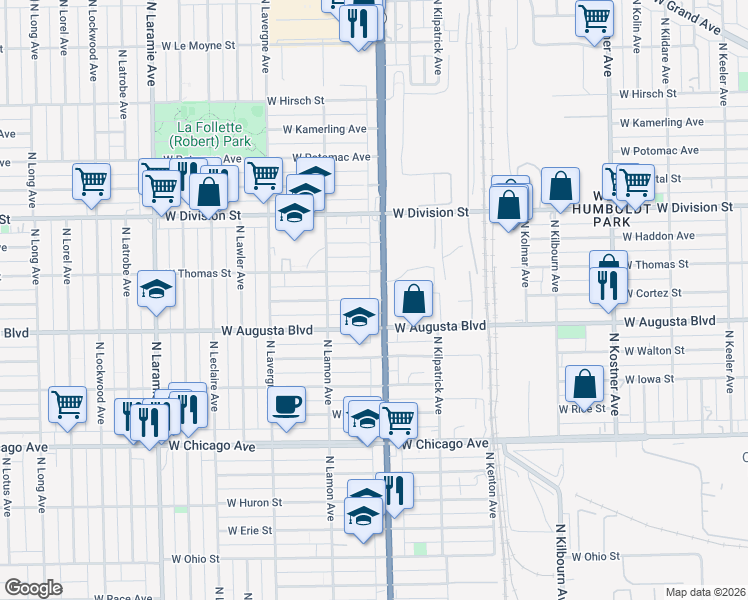 map of restaurants, bars, coffee shops, grocery stores, and more near 4827 West Cortez Street in Chicago