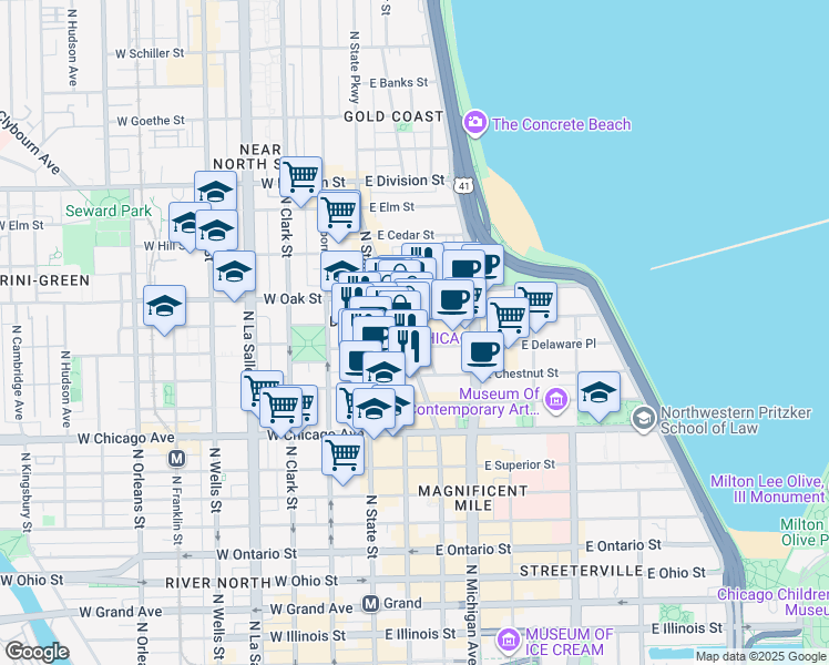 map of restaurants, bars, coffee shops, grocery stores, and more near 12 East Walton Street in Chicago