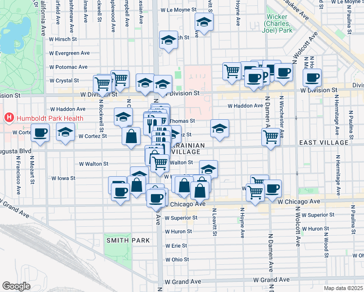 map of restaurants, bars, coffee shops, grocery stores, and more near 2322 West Augusta Boulevard in Chicago