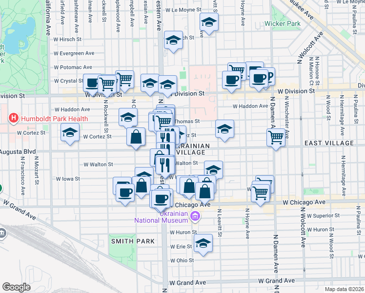 map of restaurants, bars, coffee shops, grocery stores, and more near 2322 West Augusta Boulevard in Chicago