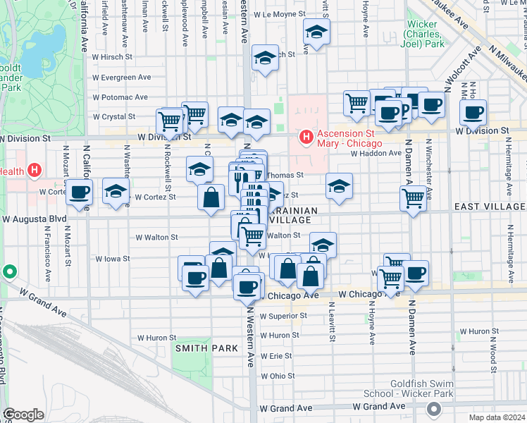 map of restaurants, bars, coffee shops, grocery stores, and more near 2326 West Augusta Boulevard in Chicago