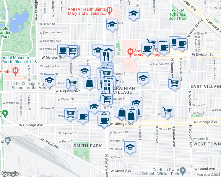 map of restaurants, bars, coffee shops, grocery stores, and more near 2326 West Augusta Boulevard in Chicago
