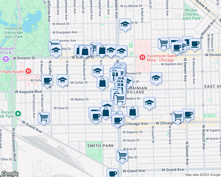 map of restaurants, bars, coffee shops, grocery stores, and more near 2438 West Augusta Boulevard in Chicago
