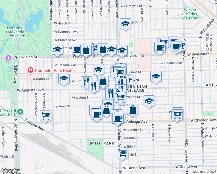 map of restaurants, bars, coffee shops, grocery stores, and more near 2438 West Augusta Boulevard in Chicago