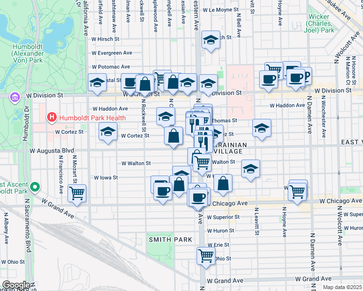 map of restaurants, bars, coffee shops, grocery stores, and more near 2438 West Augusta Boulevard in Chicago