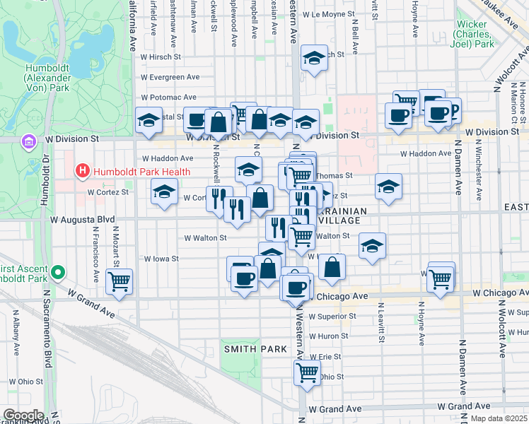 map of restaurants, bars, coffee shops, grocery stores, and more near 2438 West Augusta Boulevard in Chicago
