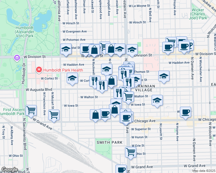 map of restaurants, bars, coffee shops, grocery stores, and more near 2512 West Augusta Boulevard in Chicago