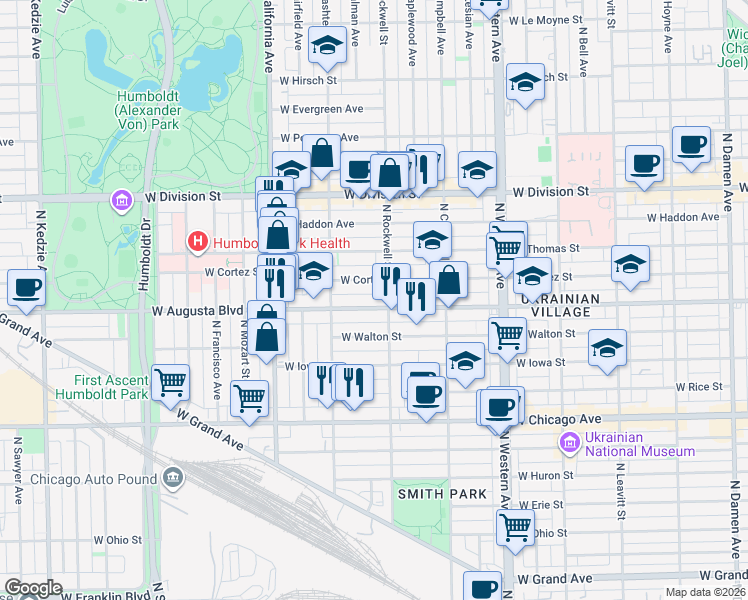 map of restaurants, bars, coffee shops, grocery stores, and more near 2630 West Augusta Boulevard in Chicago
