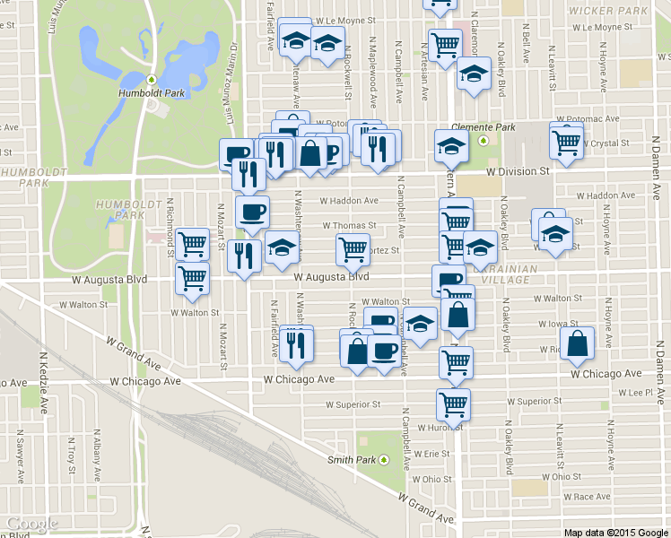 map of restaurants, bars, coffee shops, grocery stores, and more near 2630 West Augusta Boulevard in Chicago