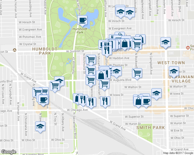 map of restaurants, bars, coffee shops, grocery stores, and more near 1003 North Francisco Avenue in Chicago