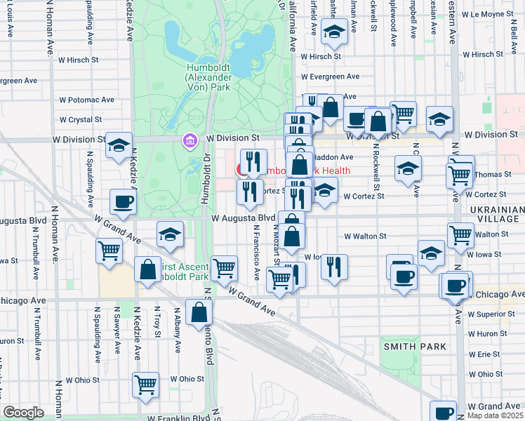 map of restaurants, bars, coffee shops, grocery stores, and more near 1003 North Francisco Avenue in Chicago