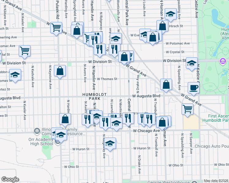map of restaurants, bars, coffee shops, grocery stores, and more near 1011 North Lawndale Avenue in Chicago