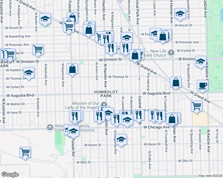 map of restaurants, bars, coffee shops, grocery stores, and more near 1015 North Ridgeway Avenue in Chicago