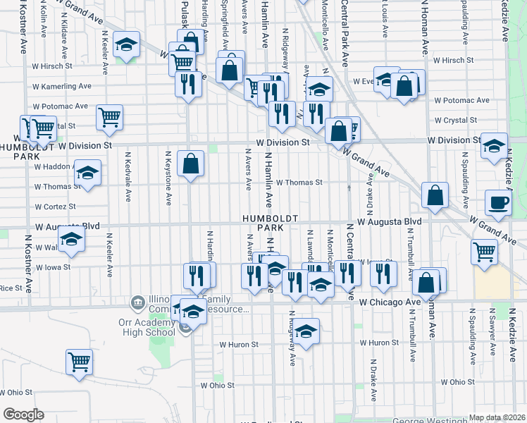map of restaurants, bars, coffee shops, grocery stores, and more near in Chicago