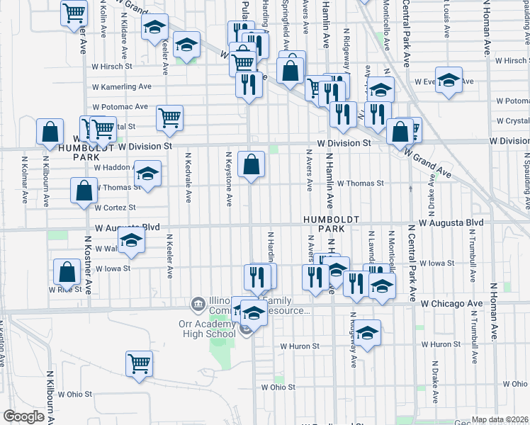 map of restaurants, bars, coffee shops, grocery stores, and more near 1015 North Pulaski Road in Chicago