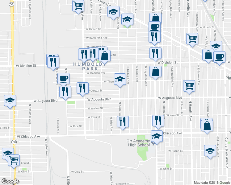 map of restaurants, bars, coffee shops, grocery stores, and more near 4221 West Cortez Street in Chicago