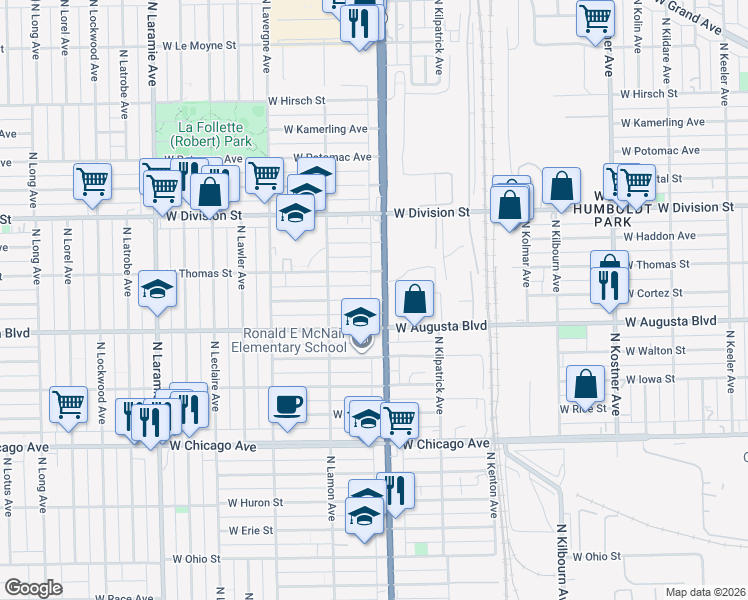 map of restaurants, bars, coffee shops, grocery stores, and more near 4827 West Cortez Street in Chicago