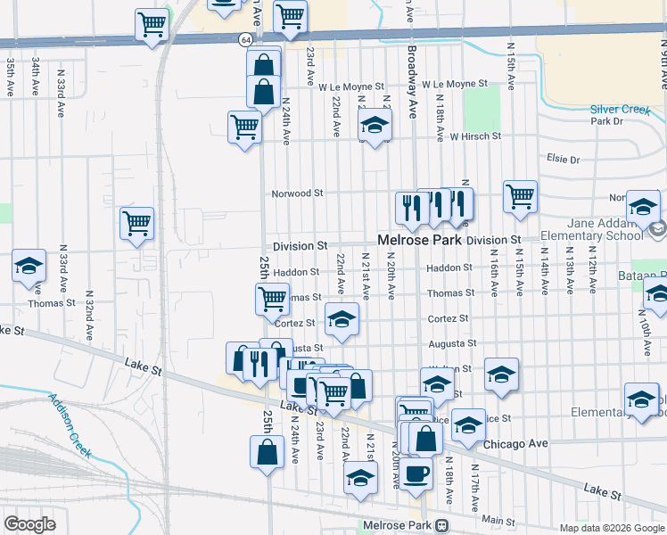 map of restaurants, bars, coffee shops, grocery stores, and more near 1400 North 22nd Avenue in Melrose Park