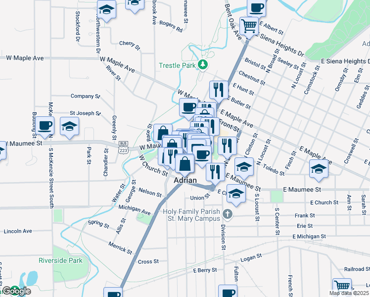 map of restaurants, bars, coffee shops, grocery stores, and more near 132 North Winter Street in Adrian