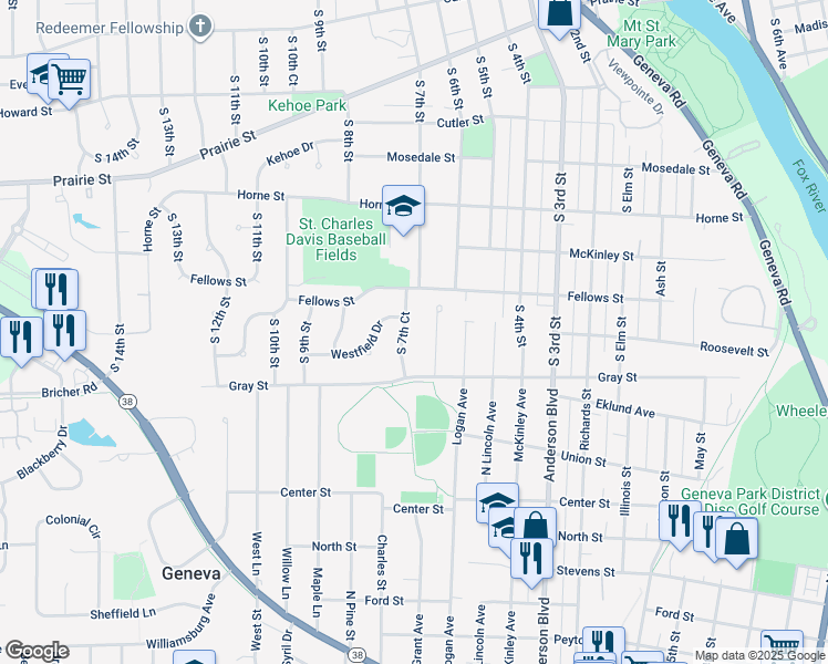 map of restaurants, bars, coffee shops, grocery stores, and more near 1414 South 7th Court in St. Charles