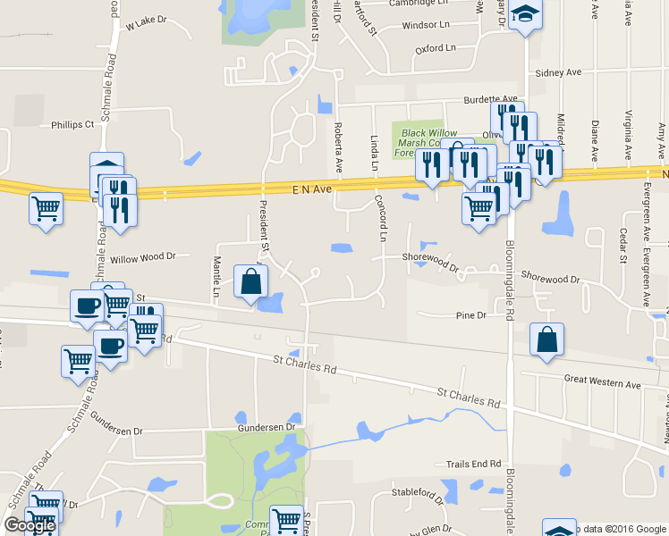 map of restaurants, bars, coffee shops, grocery stores, and more near 146 Fairfield Lane in Carol Stream