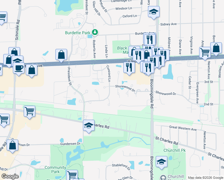 map of restaurants, bars, coffee shops, grocery stores, and more near 1112 Kingston Court in Glendale Heights