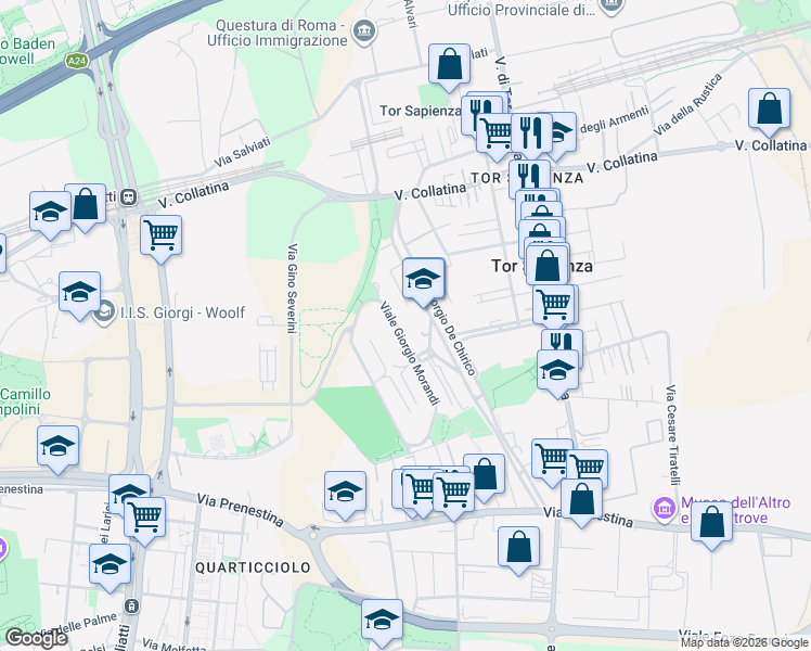 map of restaurants, bars, coffee shops, grocery stores, and more near 191 Viale Giorgio Morandi in Roma