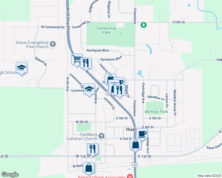 map of restaurants, bars, coffee shops, grocery stores, and more near 614 U.S. 69 in Huxley