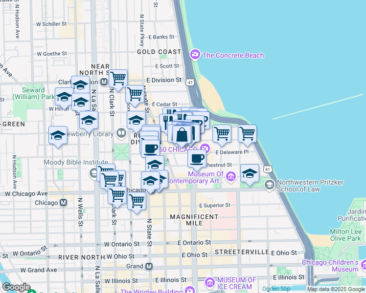 map of restaurants, bars, coffee shops, grocery stores, and more near 900 Michigan Avenue in Chicago