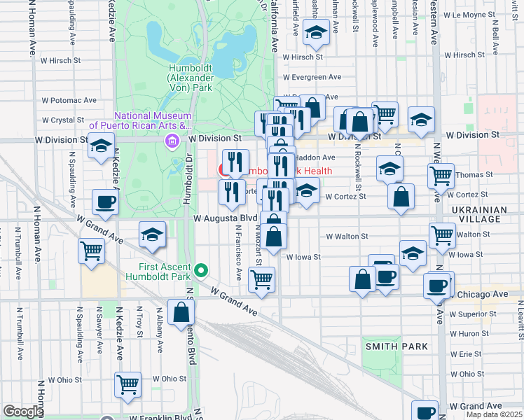 map of restaurants, bars, coffee shops, grocery stores, and more near 1009 North Mozart Street in Chicago