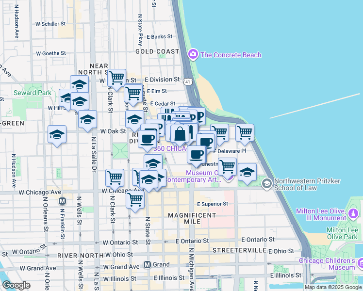 map of restaurants, bars, coffee shops, grocery stores, and more near 900 Michigan Avenue in Chicago