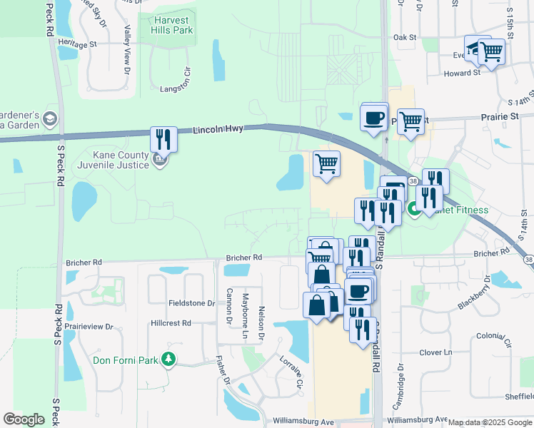 map of restaurants, bars, coffee shops, grocery stores, and more near 1206 Northwinds Drive in Geneva