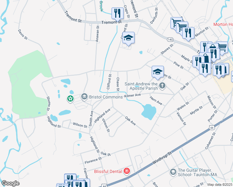 map of restaurants, bars, coffee shops, grocery stores, and more near 4 Chase Street in Taunton