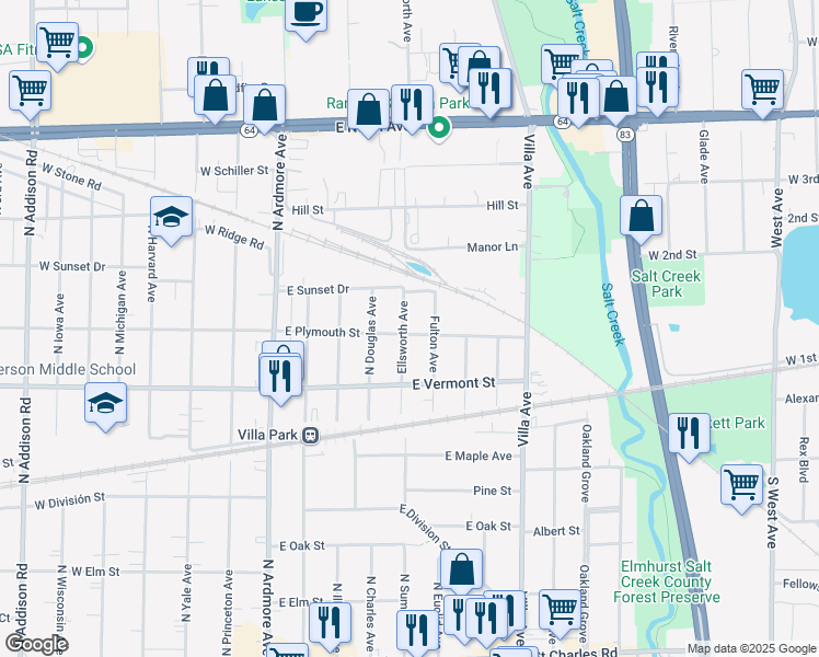 map of restaurants, bars, coffee shops, grocery stores, and more near 501 Ellsworth Avenue in Villa Park