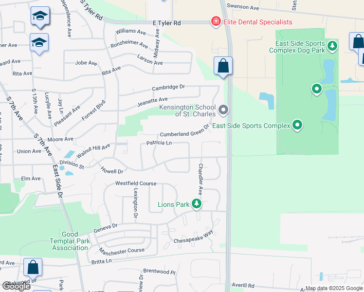 map of restaurants, bars, coffee shops, grocery stores, and more near 1743 Patricia Lane in St. Charles