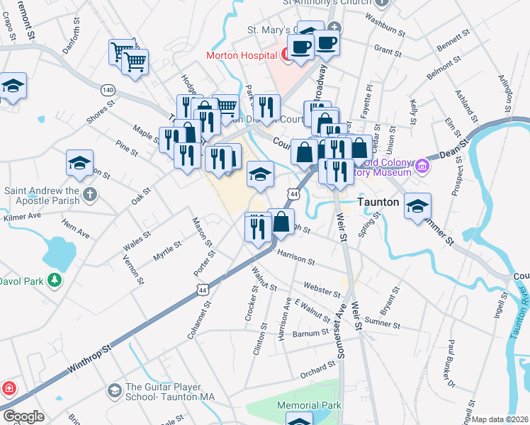 map of restaurants, bars, coffee shops, grocery stores, and more near 115 High Street in Taunton
