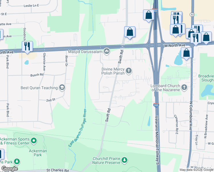 map of restaurants, bars, coffee shops, grocery stores, and more near 11555 Creekside Court in Lombard