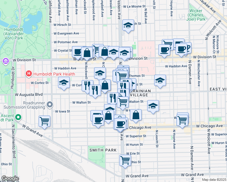 map of restaurants, bars, coffee shops, grocery stores, and more near 2438 West Augusta Boulevard in Chicago